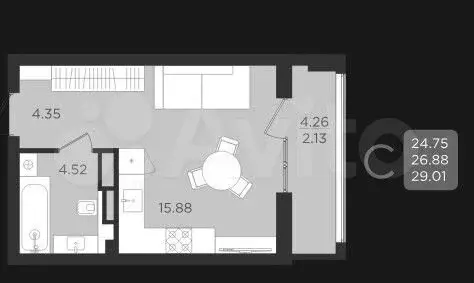 Квартира-студия, 26,9 м, 5/9 эт. - Фото 1