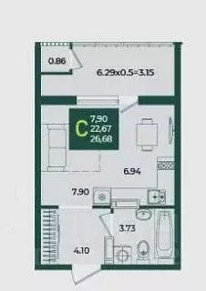 Студия Краснодарский край, Краснодар ул. Адмирала Макарова, 5 (27.9 м) - Фото 1