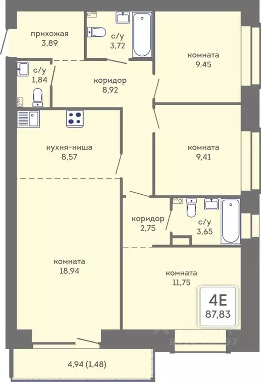 4-к кв. Пермский край, Пермь Кировоградская ул., 28 (87.83 м) - Фото 1