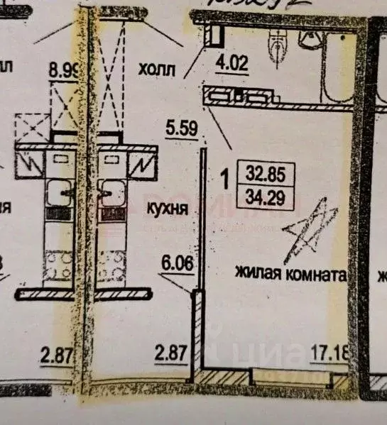 1-к кв. Ростовская область, Аксай ул. Менделеева, 53А (34.0 м) - Фото 1
