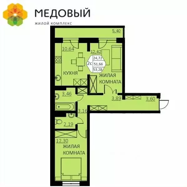 2-к кв. Пермский край, д. Кондратово ул. Г.Н. Нифантова, 4А (51.6 м) - Фото 0