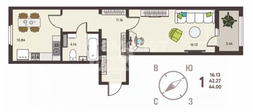 1-к кв. Липецкая область, Липецк ул. Механизаторов, 15А (44.0 м) - Фото 2