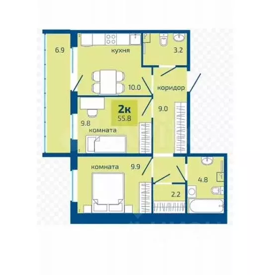 2-к кв. Пермский край, Пермь Целинная ул., 59к3 (55.8 м) - Фото 2