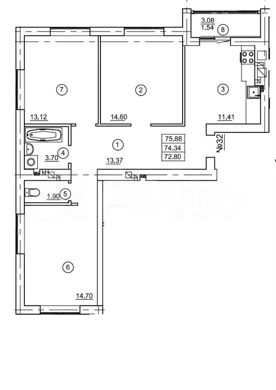 3-к. квартира, 74,3 м, 8/9 эт. - Фото 1