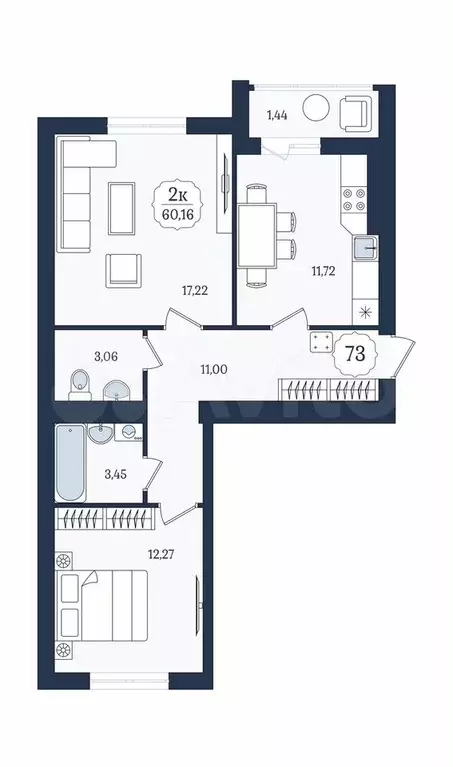2-к. квартира, 60,2 м, 7/9 эт. - Фото 1