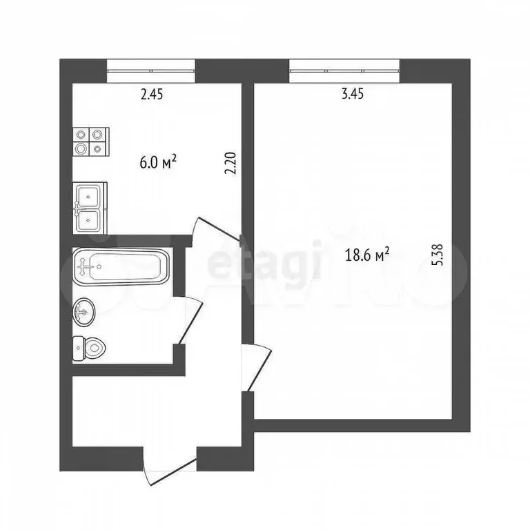 1-к. квартира, 32 м, 2/5 эт. - Фото 0