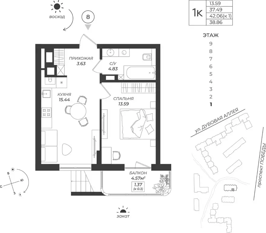 1-к кв. Калининградская область, Калининград Теодор Кроне жилой ... - Фото 1