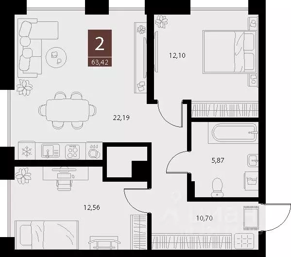 2-к кв. Рязанская область, Рязань ул. Бирюзова, 20с1 (63.42 м) - Фото 1