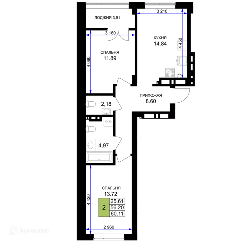Продаётся 2-к квартира, 60.11 м - Фото 0