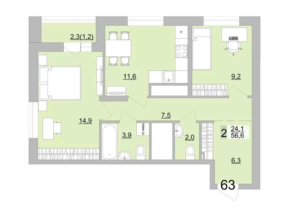 2-комнатная квартира: Екатеринбург, Черкасская улица, 5к3 (56.6 м) - Фото 0