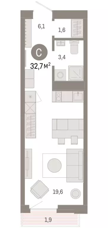 Квартира-студия: Тюмень, жилой комплекс Зарека (32.72 м) - Фото 1