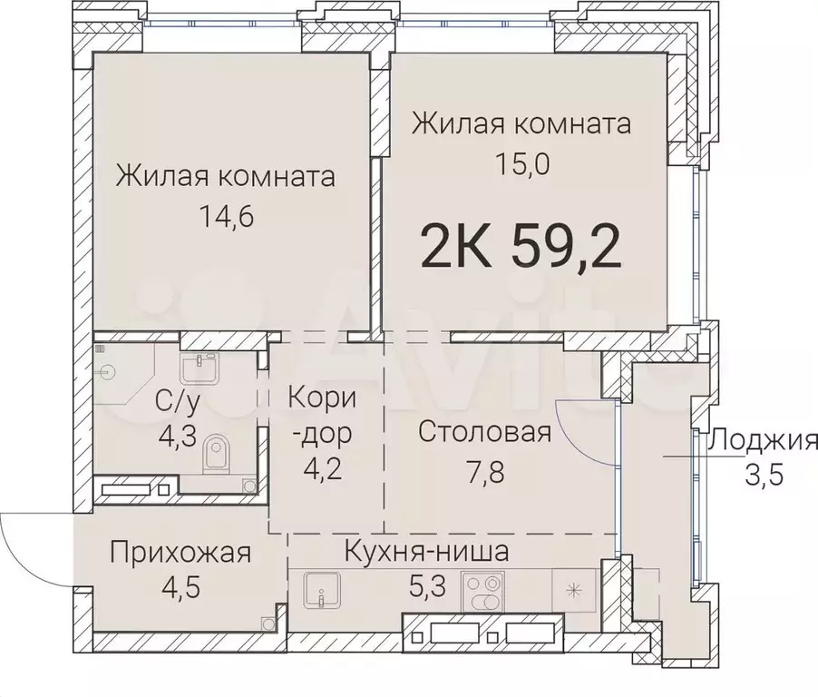 2-к. квартира, 59,2 м, 19/25 эт. - Фото 0