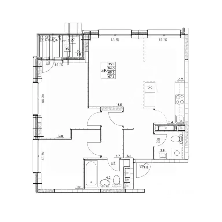 3-к кв. Приморский край, Владивосток ул. Расула Гамзатова, 7к1 (67.8 ... - Фото 1