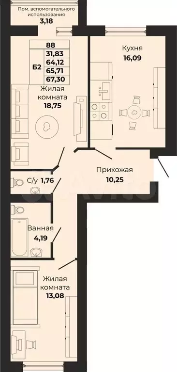 2-к. квартира, 65,7 м, 7/9 эт. - Фото 0