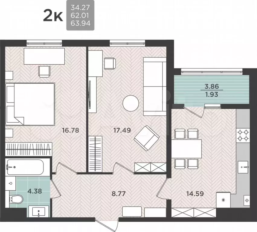 2-к. квартира, 63,9 м, 3/5 эт. - Фото 0