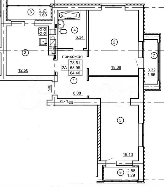 2-к. квартира, 69 м, 5/9 эт. - Фото 1