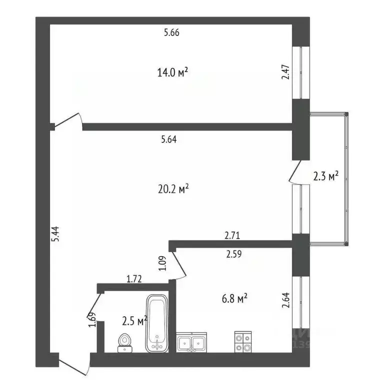 2-к кв. Тюменская область, Тюмень ул. Республики, 133 (43.6 м) - Фото 2