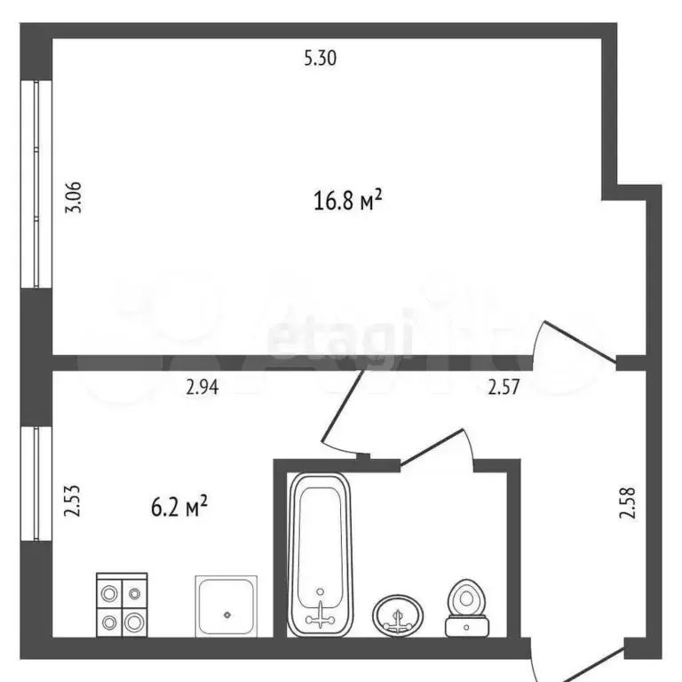 1-к. квартира, 30,8 м, 2/5 эт. - Фото 0