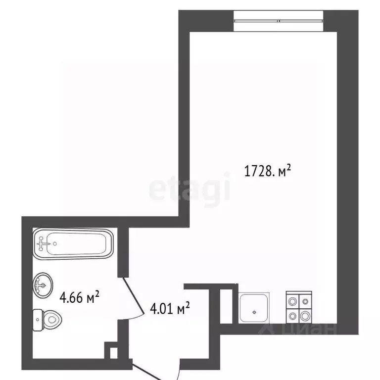 Студия Тюменская область, Тюмень ул. Андрея Кореневского, 3 (25.9 м) - Фото 1