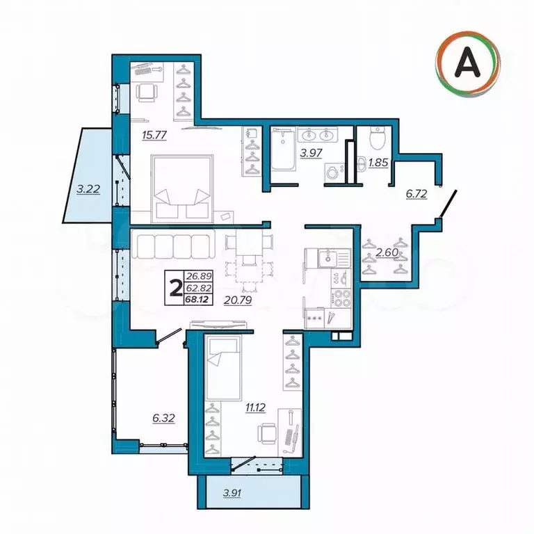 2-к. квартира, 68,1м, 14/14эт. - Фото 1