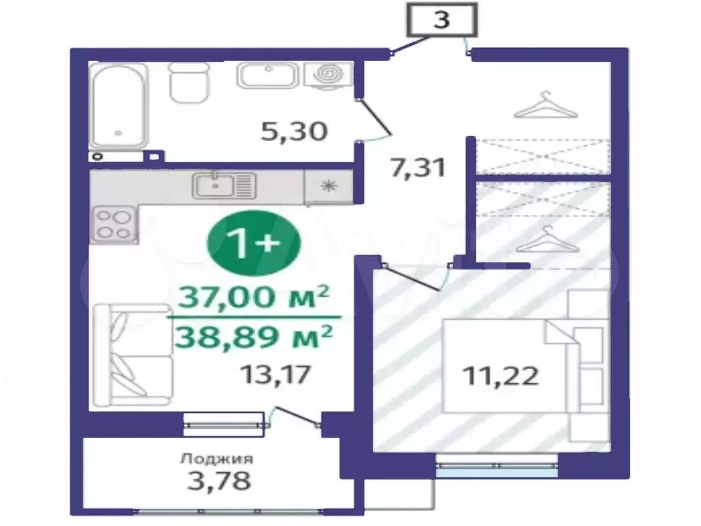 1-к. квартира, 37 м, 2/14 эт. - Фото 1