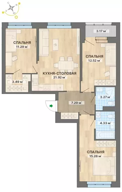 3-к квартира, 82.56 м - Фото 0