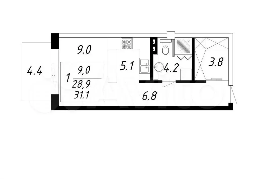 1-к. квартира, 31,1 м, 1/8 эт. - Фото 0