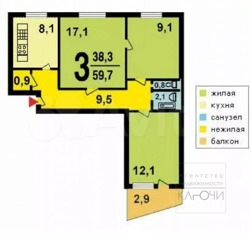 3-к. квартира, 59,7 м, 4/9 эт. - Фото 0