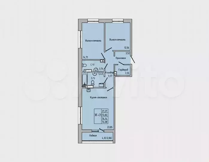 3-к. квартира, 74,1м, 5/15эт. - Фото 1