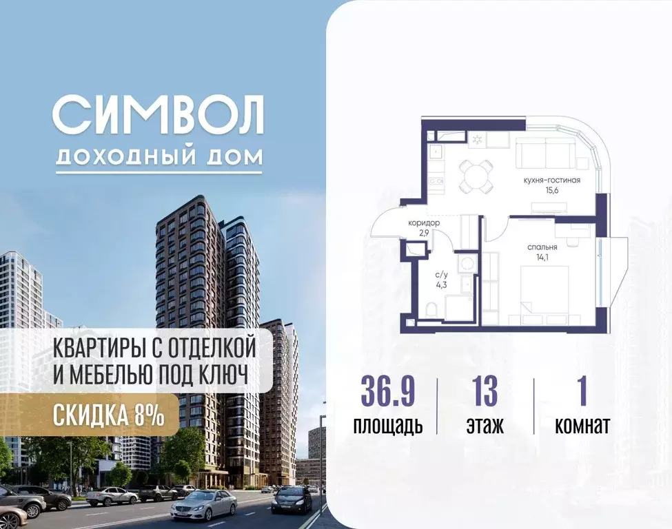 1-к кв. Москва Символ жилой комплекс (36.9 м) - Фото 1
