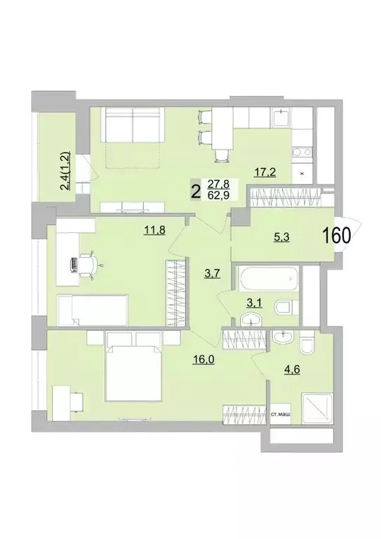 2-к кв. Свердловская область, Екатеринбург ул. Черкасская, 5к3 (62.9 ... - Фото 1
