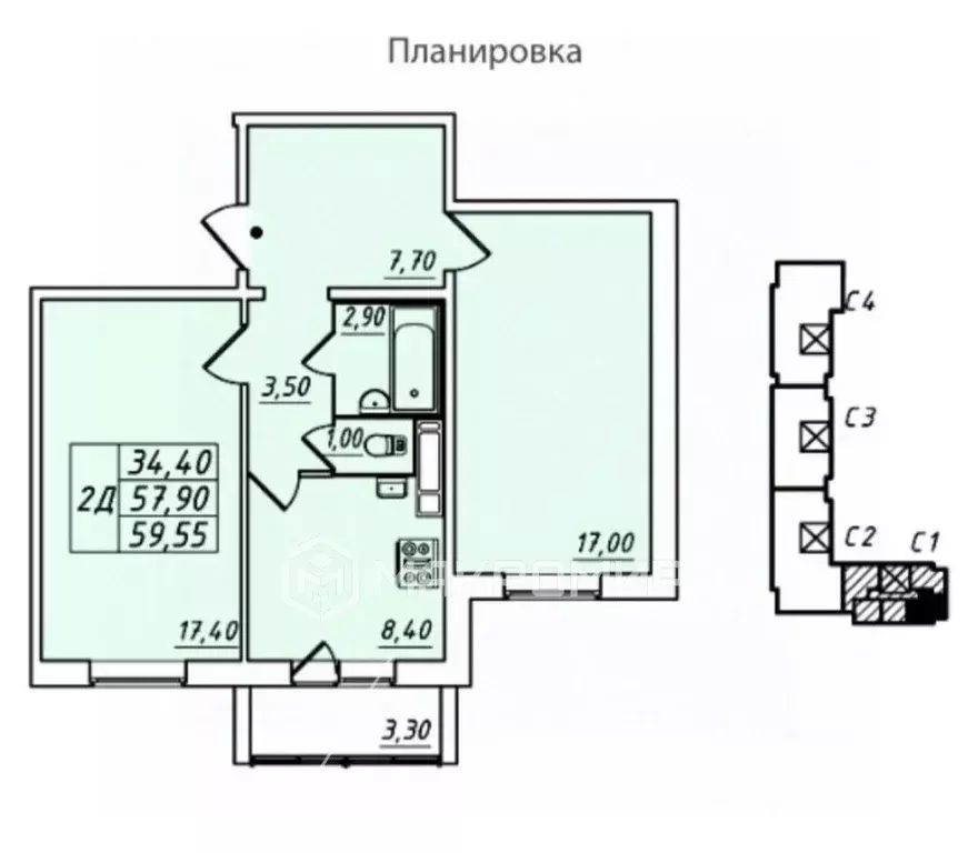 2-к кв. Ленинградская область, Всеволожск ул. Севастопольская, 1 (58.3 ... - Фото 1