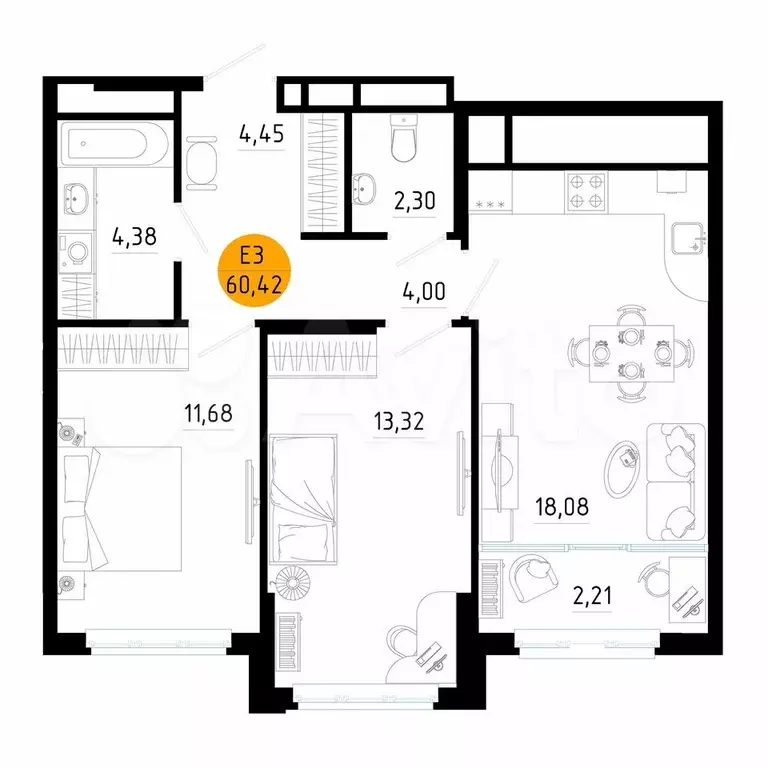 2-к. квартира, 60,4 м, 24/25 эт. - Фото 1