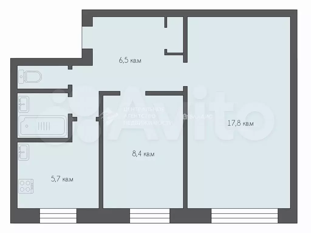 2-к. квартира, 42,4 м, 1/5 эт. - Фото 0