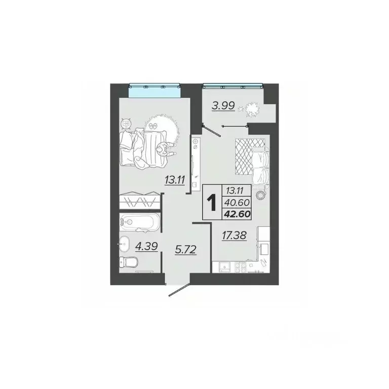 1-к кв. Брянская область, Брянск Архитектор жилой комплекс (42.6 м) - Фото 0