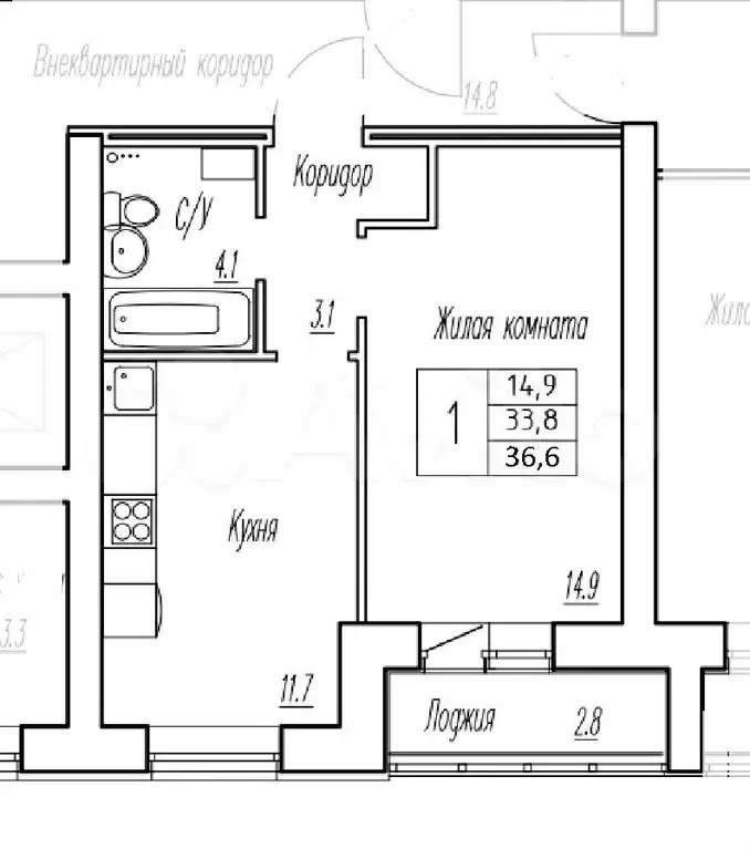 1-к. квартира, 33,8 м, 3/9 эт. - Фото 1