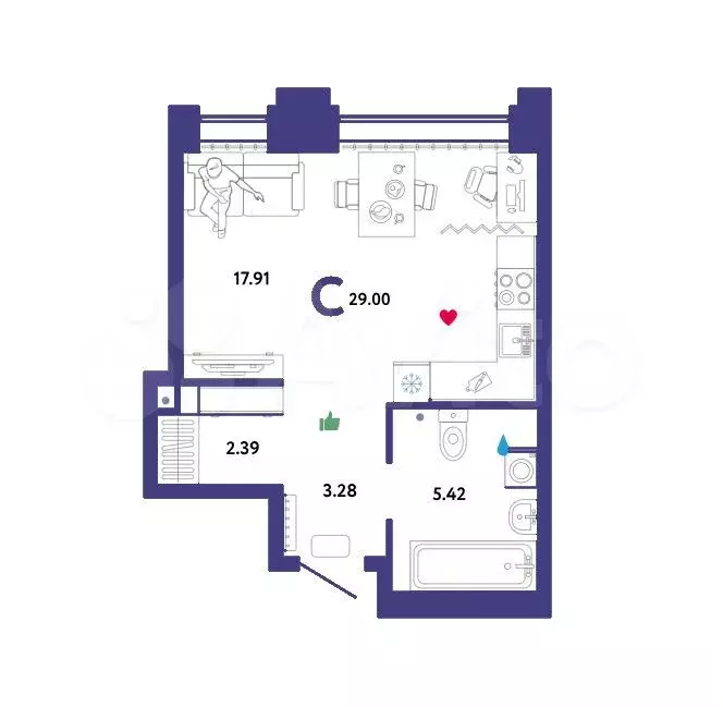 Квартира-студия, 29 м, 30/32 эт. - Фото 1