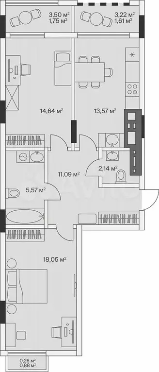 2-к. квартира, 68,7 м, 2/7 эт. - Фото 1