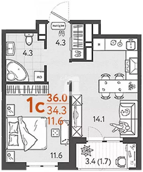 1-комнатная квартира: Краснодар, Колхозная улица, 5 (36 м) - Фото 1