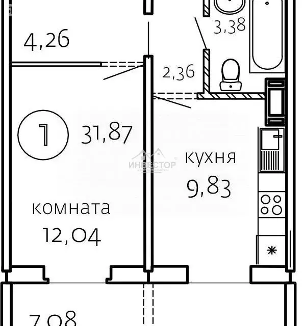 1-комнатная квартира: Челябинск, улица Маршала Чуйкова, 30 (31.87 м) - Фото 0