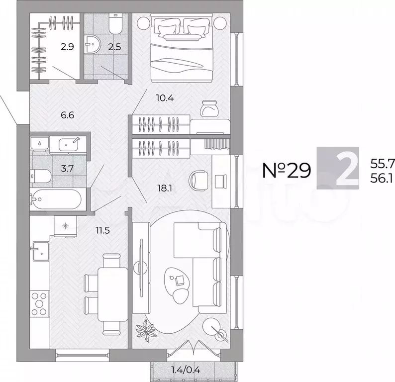 2-к. квартира, 56,1 м, 1/4 эт. - Фото 0