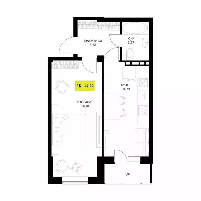 1-комнатная квартира: Республика Дагестан, Дербент (47.32 м) - Фото 1