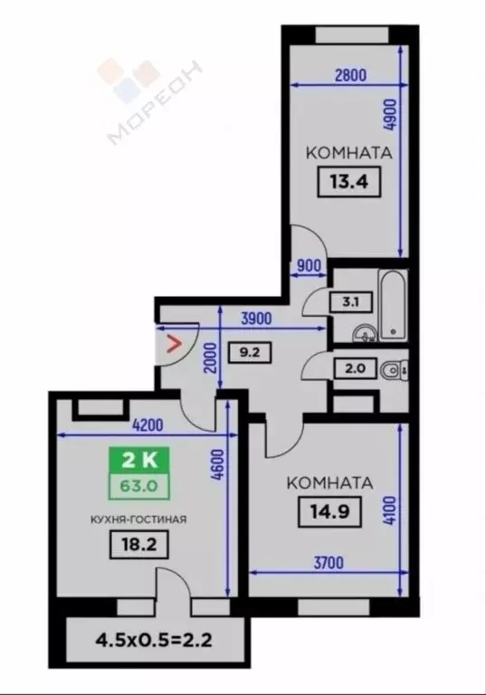 2-комнатная квартира: Краснодар, Домбайская улица, 55к3 (63 м) - Фото 0