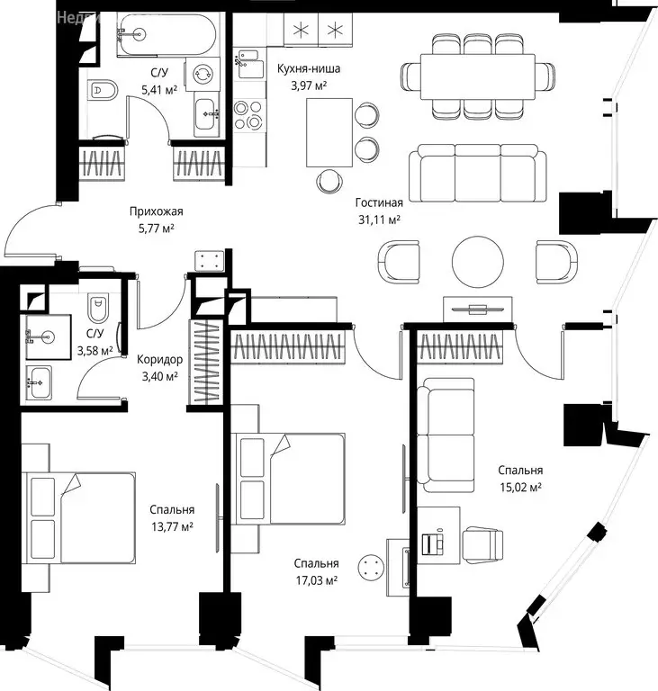 3-комнатная квартира: Москва, ЖК Фили Сити, к5 (99.8 м) - Фото 2