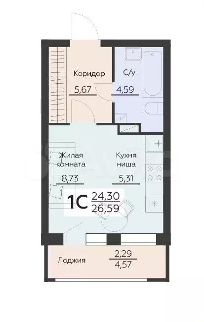 Квартира-студия, 26,6м, 4/16эт. - Фото 0