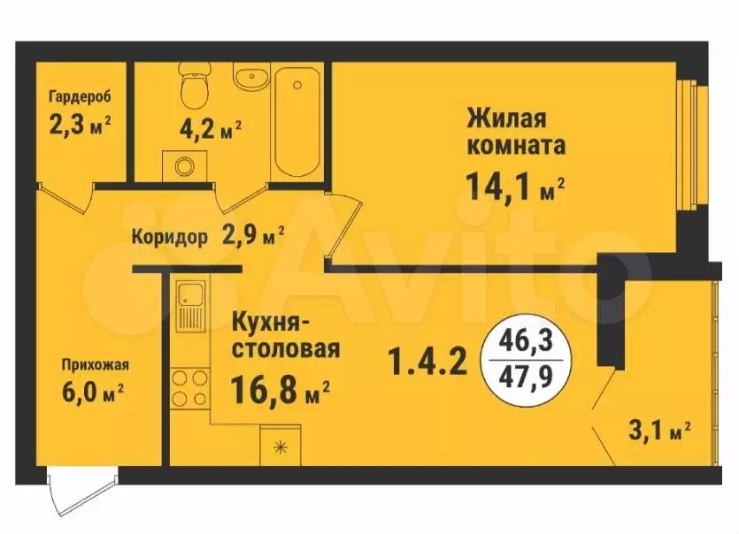 1-к. квартира, 49,6 м, 15/17 эт. - Фото 0