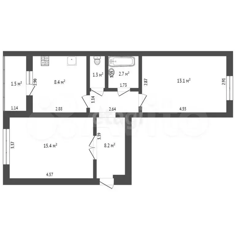 2-к. квартира, 48,8 м, 5/5 эт. - Фото 1