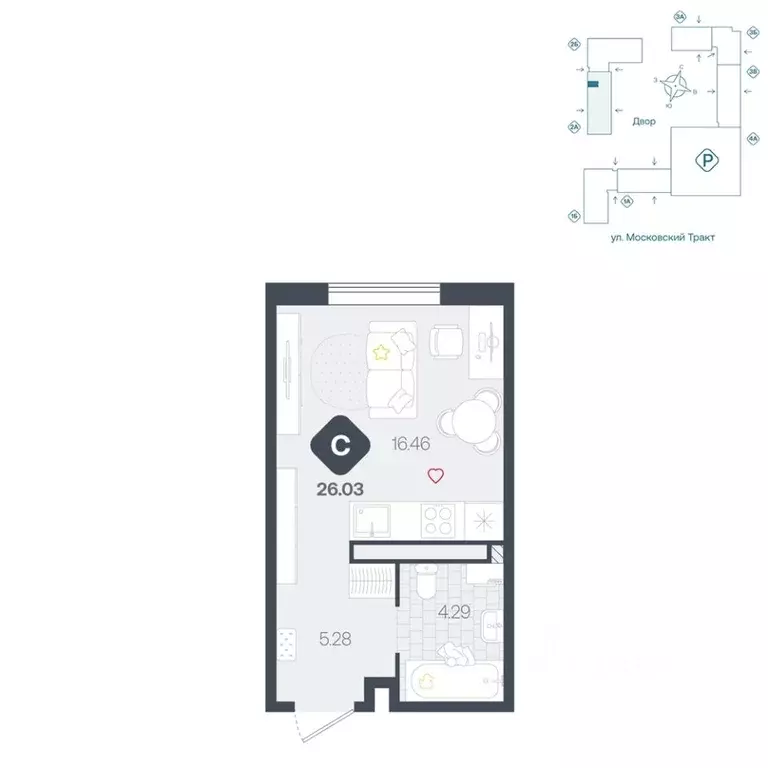 Студия Тюменская область, Тюмень Сибирский жилой комплекс (26.03 м) - Фото 1