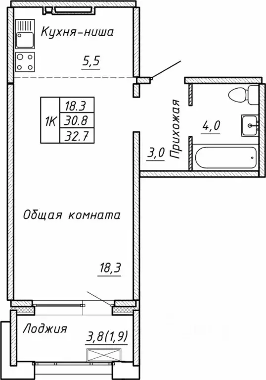 Свободной планировки кв. Новосибирская область, Новосибирск  (32.7 м) - Фото 0