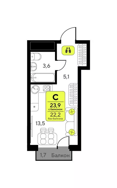 Квартира-студия: Тюмень, улица Первооткрывателей, 9 (23.9 м) - Фото 1